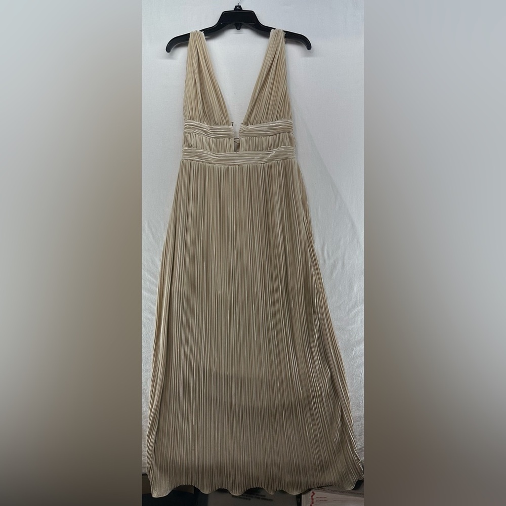 Hello Molly Plisse Magic Maxi Dress Beige Flowy Gold Detail Hollywood Size 6